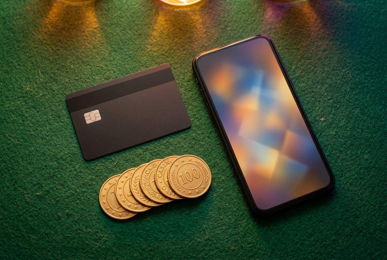 Stylový záběr na smartphone a platební kartu na kasinovém plátně